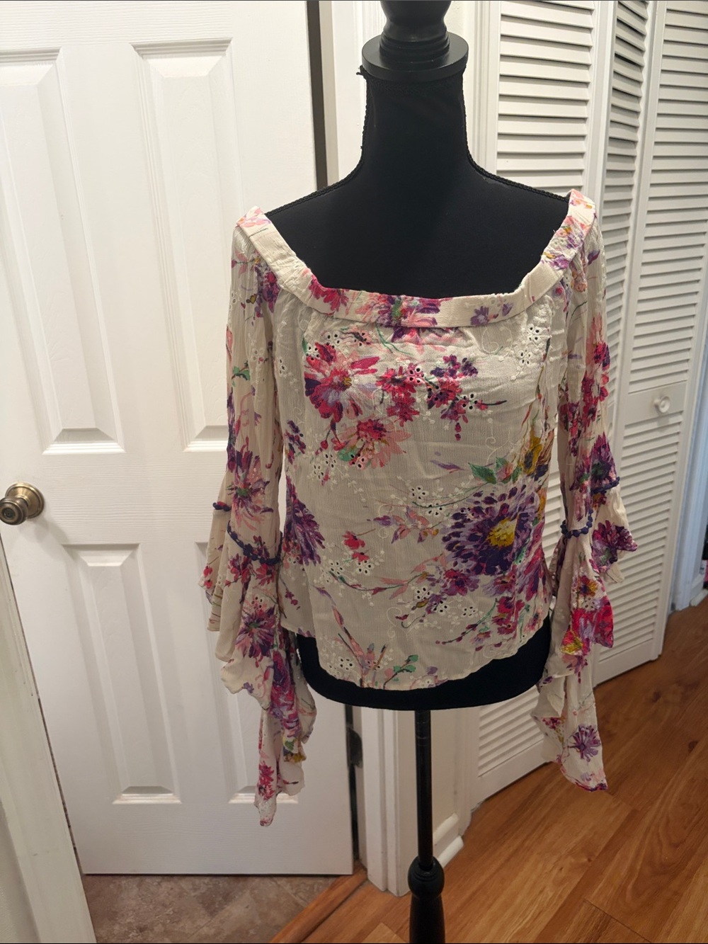 Venus Cream Floral Off-Shoulder Blouse with Ruffled Bell Sleeves